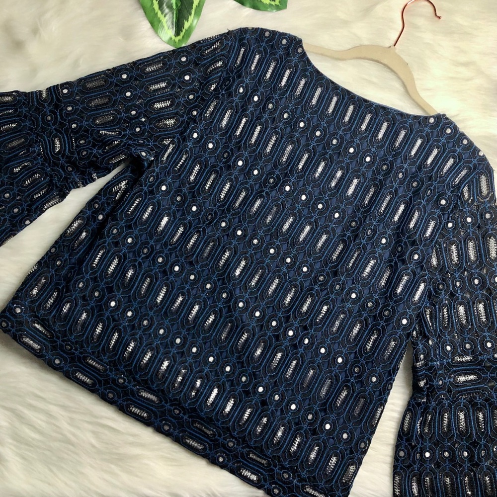 Loft Navy Lace Metallic Crochet Bell Sleeve Blouse - Picture 10 of 12